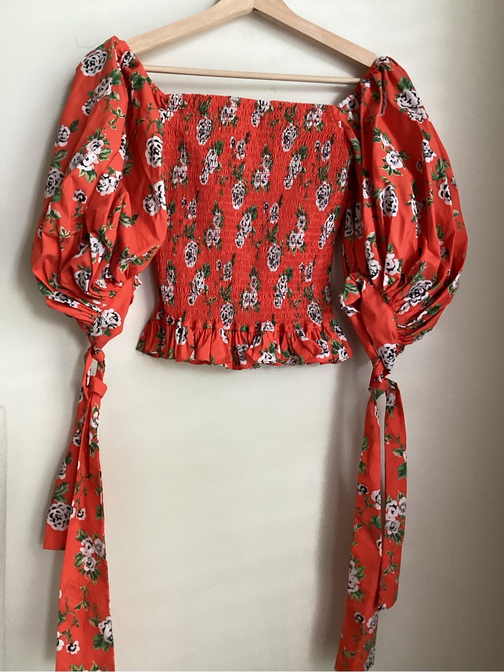 Caroline Constas Floral Print Top Small Smocked Peplum Blouse Red Orange - Picture 8 of 14